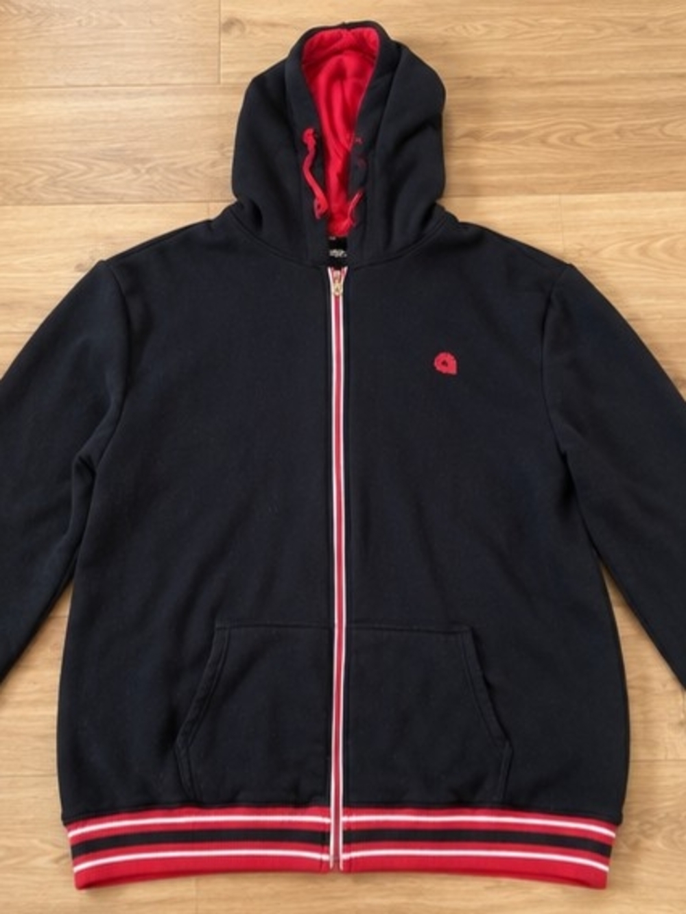 Akademiks Men’s Black Full-Zip Hoodie Red White Striped Trim Size 5XL